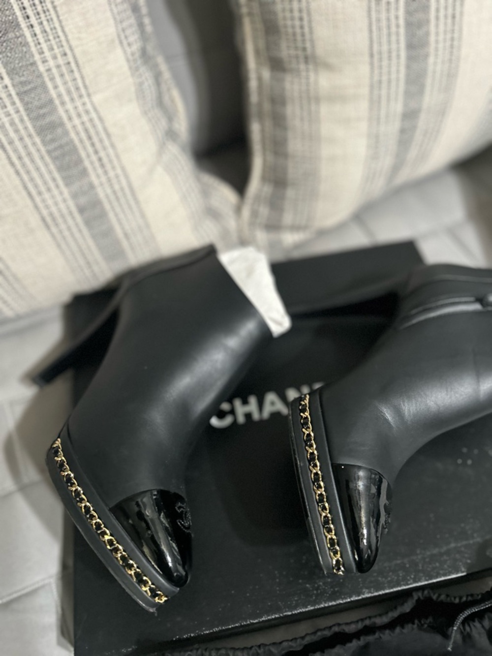 CHANEL Black Leather Peep-Toe Ankle Booties with Patent Cap Toe - Picture 4 of 8